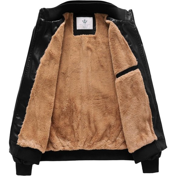 Men's Black Leather Stand Collar Fleece Lined Bomber Faux Jacket - Picture 8 of 8